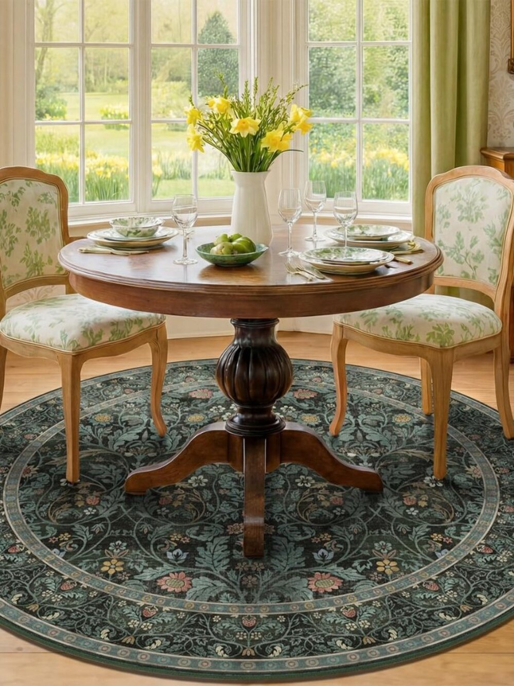 Dark Green 6ft Round Rugs for Dining Room, Living Room, Kitchen, Botanical